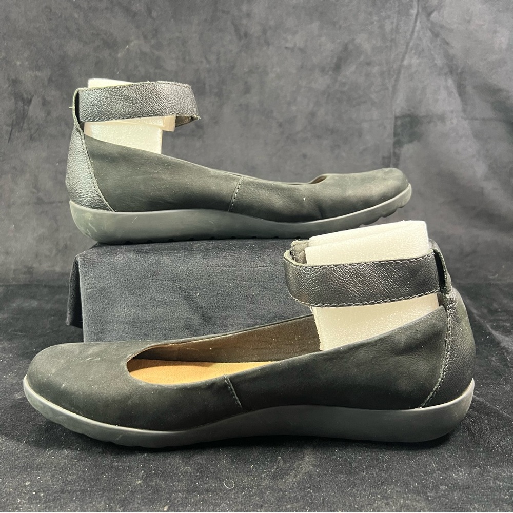 Clarks Medora Nina Ballet Flat Women's Size 11 Wide Black Suede Ankle Wrap Shoes